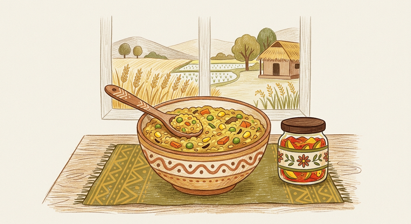 Storybook illustration of Browntop Millet Khichdi