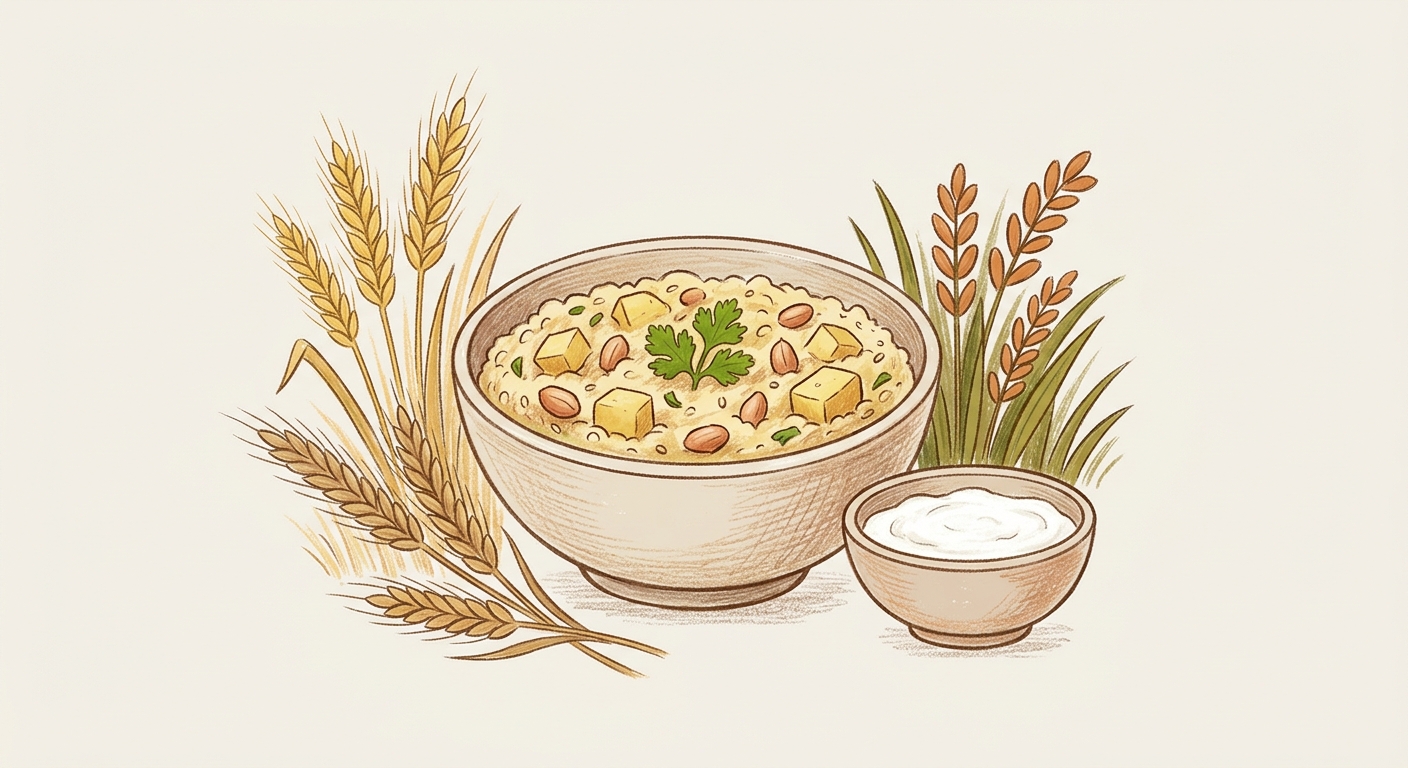 Storybook illustration of Samak Khichdi (Barnyard Millet, Fasting Style)